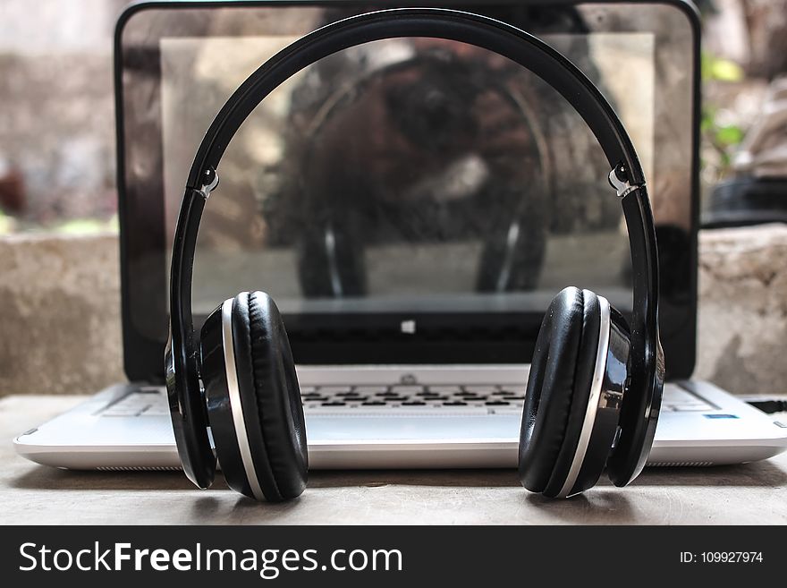 Photo of Black Wireless Headphones in Front of the Laptop