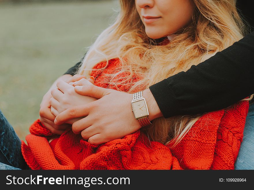 Woman Wearing Red Knit Jacket