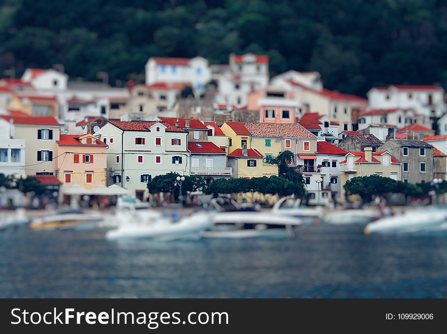 Tilt Shift Lens Photography Of Red Roof House Near The Body Of Water