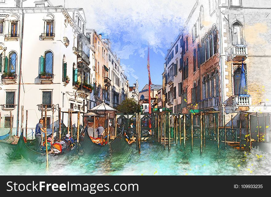 Waterway, Water, Gondola, Watercolor Paint