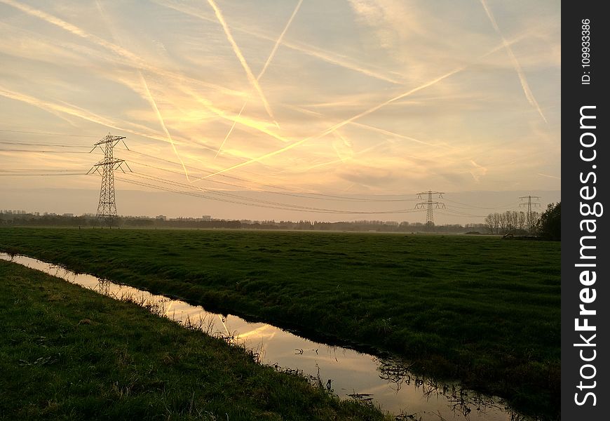 Sky, Field, Transmission Tower, Morning