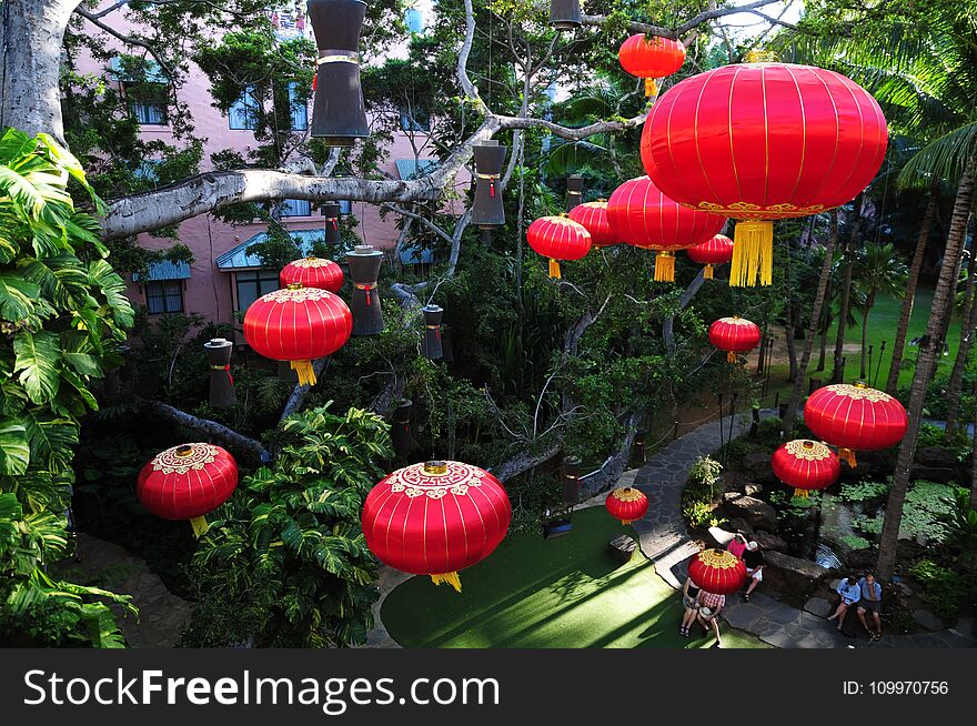 Chinese New Year traditional decoration hanging lanterns on a tree