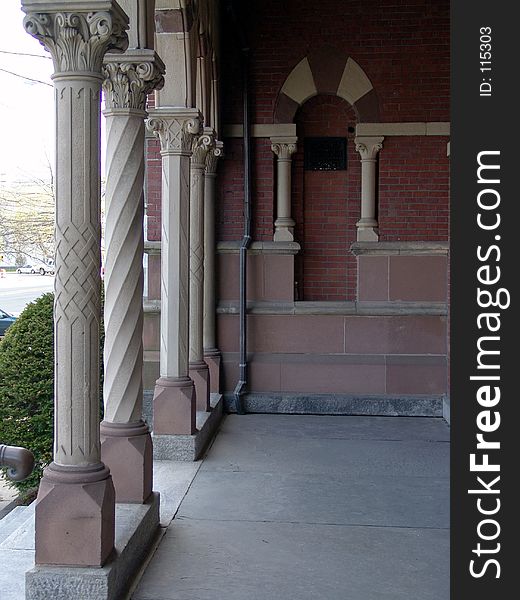 Detail of the entry of the easthampton town hall showing the variety of the columns, easthampton, massachusetts. Detail of the entry of the easthampton town hall showing the variety of the columns, easthampton, massachusetts