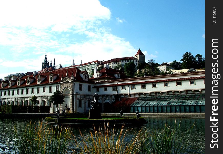 Digital photo of the inside of the Palace Waldstein in Prague with a little view on the Hradschin.