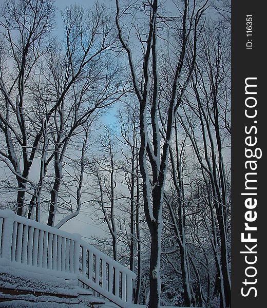 Snow-covered deck at dawn. Snow-covered deck at dawn