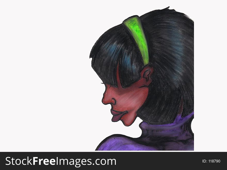 A profile of a black woman with purple turtle neck and green head band. Hand drawn. Author: Holly Doucette 2005. A profile of a black woman with purple turtle neck and green head band. Hand drawn. Author: Holly Doucette 2005