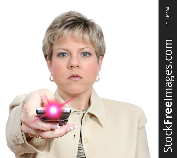 Beautiful Woman Aiming Remote With Light On Over White