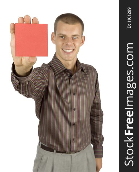 Man with message board (focus on card). Man with message board (focus on card)