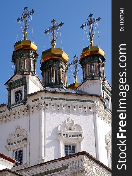 Golden cupolas of a Russian orthodox church, Verkhoturie, Ural, Russia