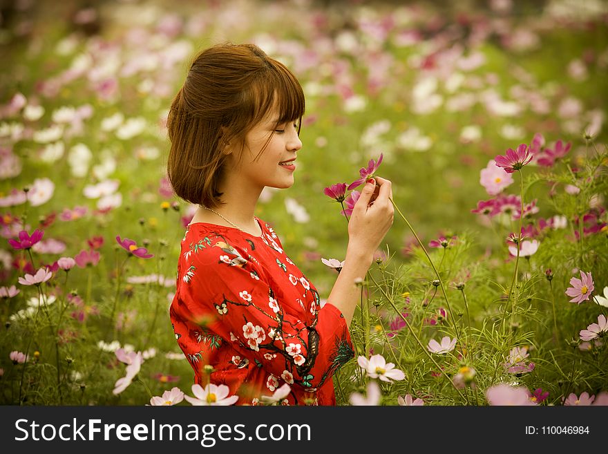 Woman Wearing Red And White Floral Crew-neck Quarter-sleeved Top Picking Flowers