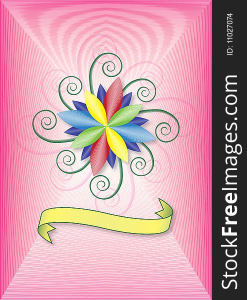 Multicolored abstract flower and yellow ribbon. Multicolored abstract flower and yellow ribbon