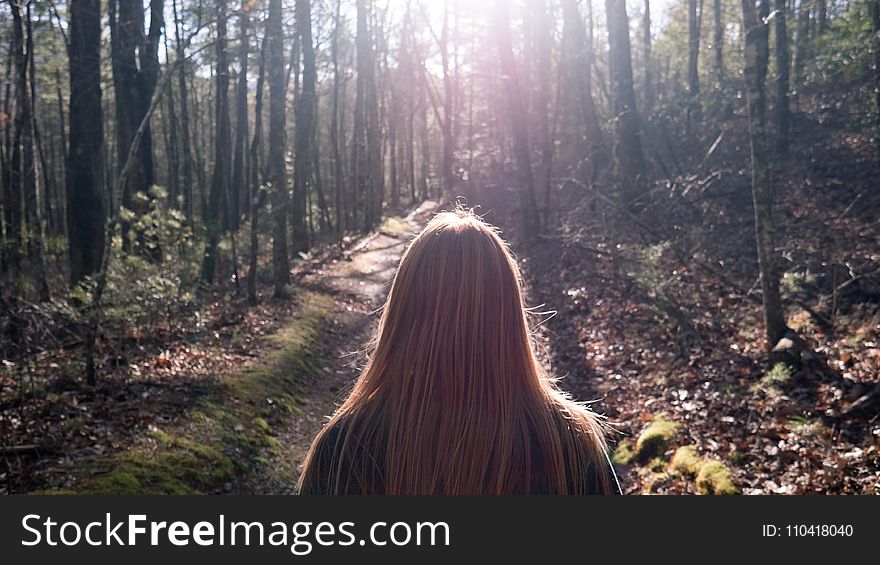 Woman in Black Top Standing Between Trees