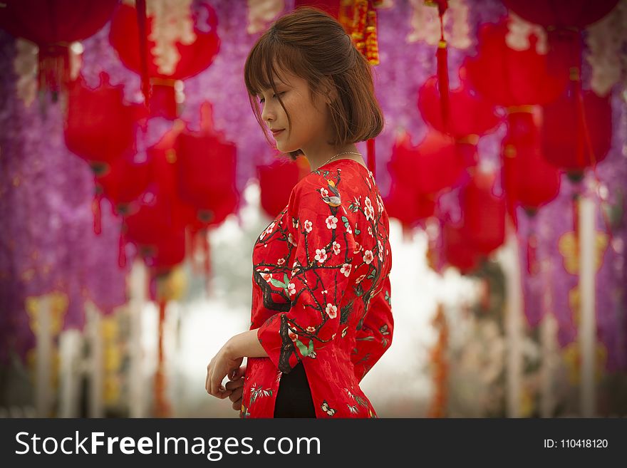 Woman In Red And White Floral Cheonsam Smiling