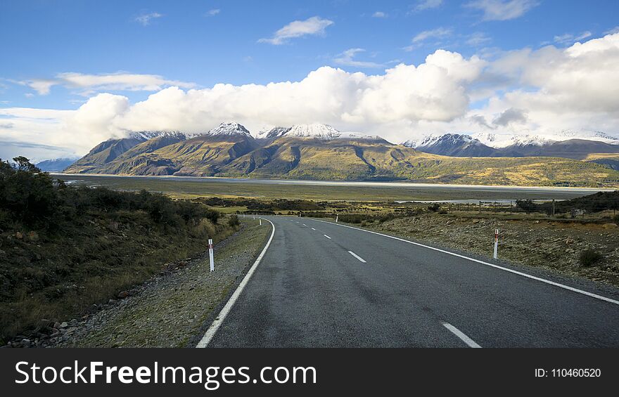 Road through Aoraki Mount Cook National Park, New Zealand.