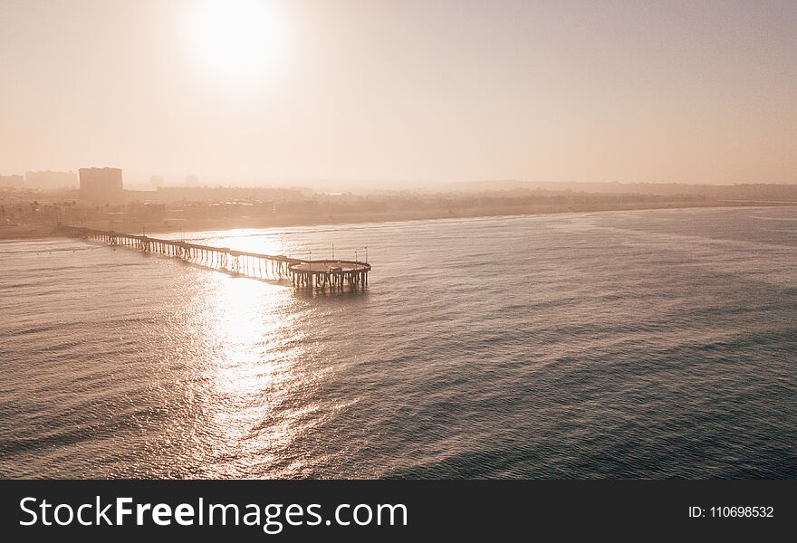 Aerial sunrise view of the Venice beach pier