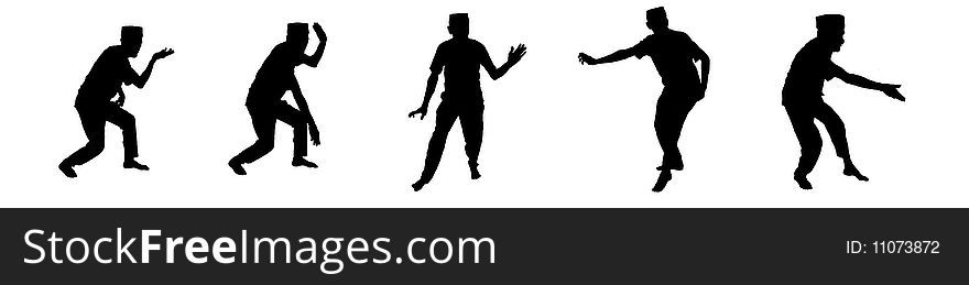 A silhoutte showing 5 action in a series of Malay (Malaysian) Martial Art