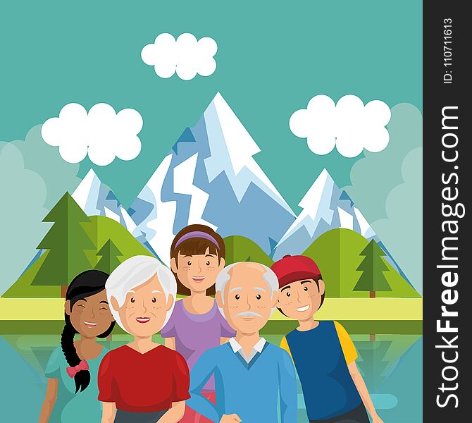 Family members outside in landscape vector illustration design