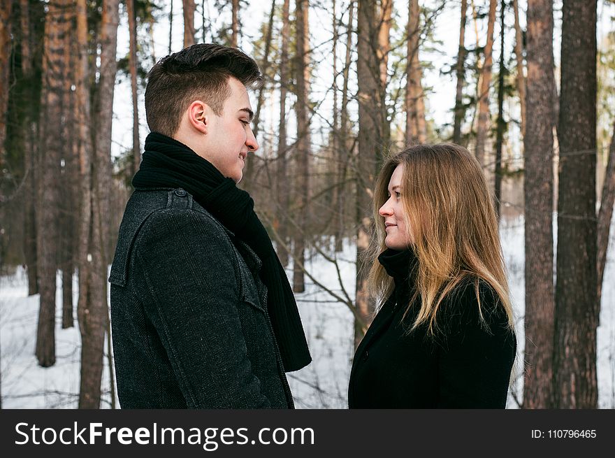 Man and Woman Wearing Black Coats Standing Near Snow-covered Trees