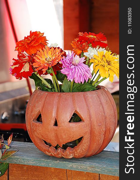 Pumpkin vase filled with colorful autumn flowers. Pumpkin vase filled with colorful autumn flowers