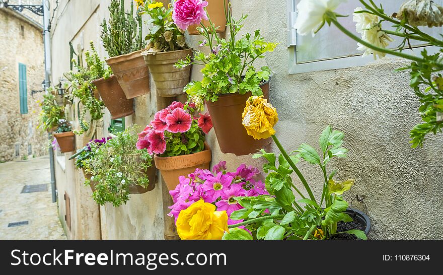 vacation, flowerpots street in the tourist island of Mallorca, Valdemosa city in Spain