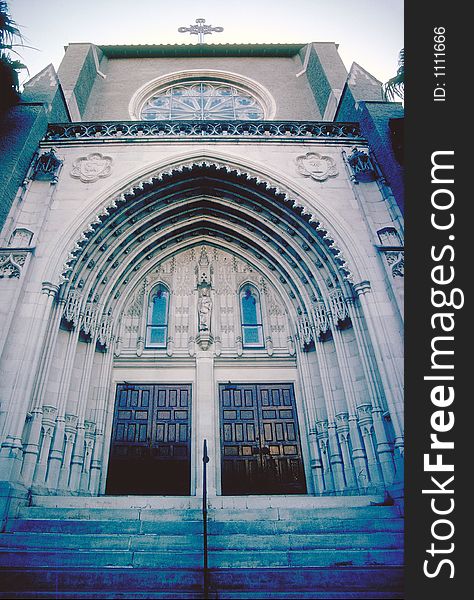 Low angle perspective of church entrance in Orlando, Florida