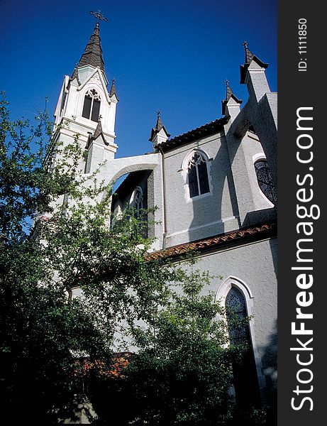 Church tower and windows in Orlando, Florida