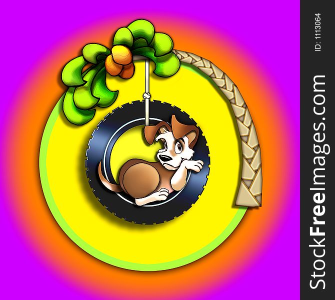 A fun, whimsical illustration of a puppy in a tire swing hanging from a palm tree