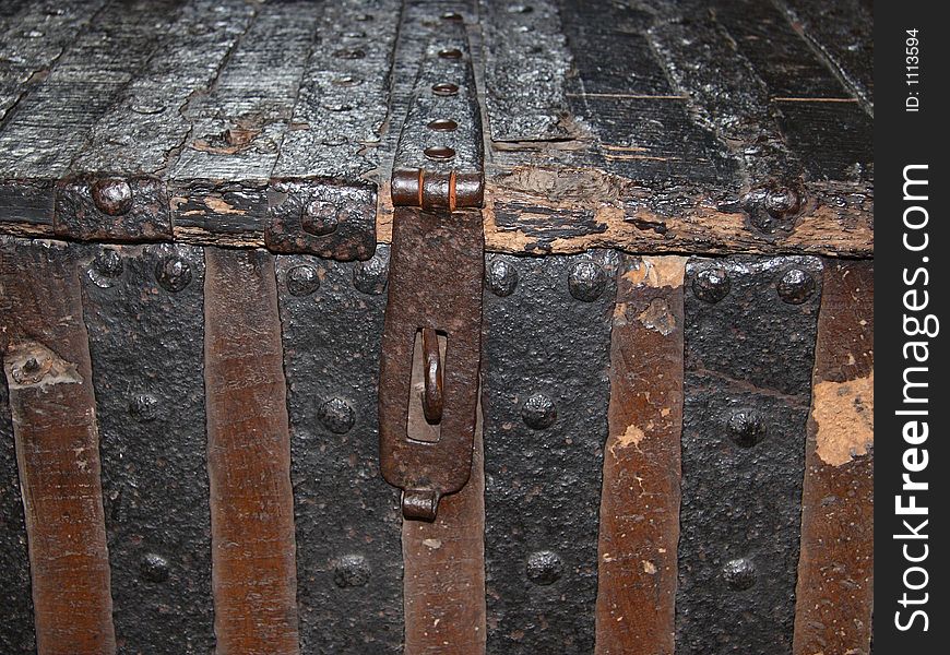 A detail view of an old oak chest in Wells Cathedral, Somerset, England