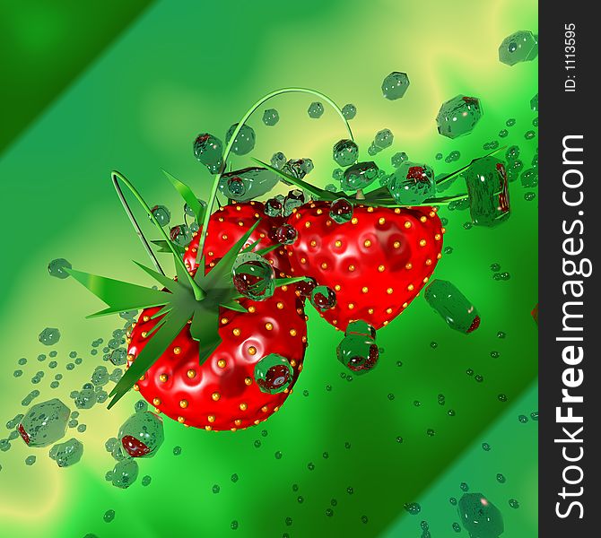 3d Strawberry in drops of water