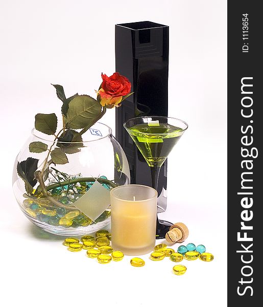 Still-life with flowers in glass vase at white background. Still-life with flowers in glass vase at white background