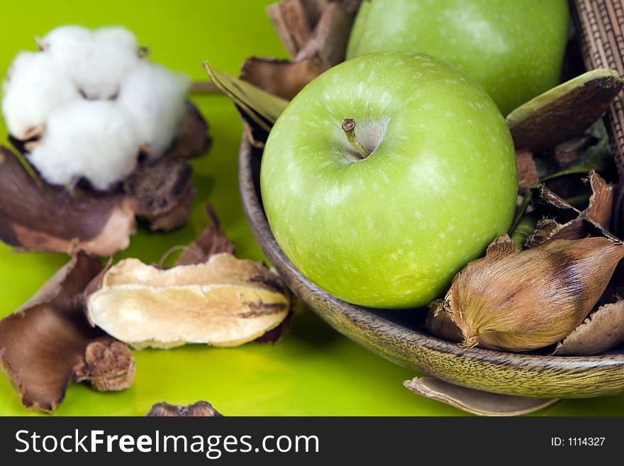 STILL LIFE WITH COTTON FLOWERS and apple. STILL LIFE WITH COTTON FLOWERS and apple