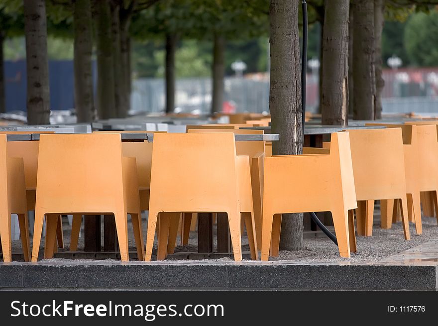 Empty seats in deserted cafe