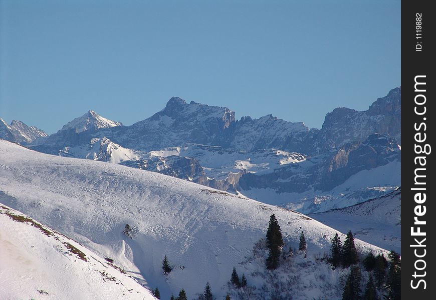 A view of the Swiss mountains high above Emmetten. This photograph was taken in the winter. A view of the Swiss mountains high above Emmetten. This photograph was taken in the winter.