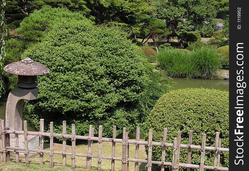 Green Japanese garden with stone lantern-Shiogama temple garden. Green Japanese garden with stone lantern-Shiogama temple garden