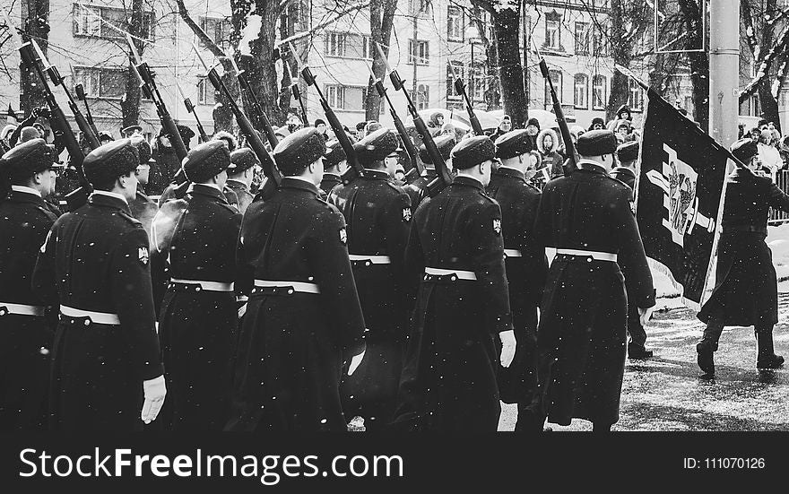 Grayscale Photo Of Soldiers Matching