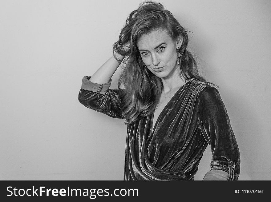 Woman in Surplice-neckline Long-sleeved Blouse Grayscale Photography