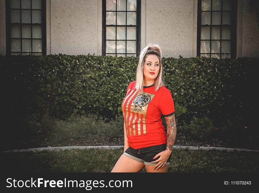 Woman Wearing Red Crew-neck T-shirt