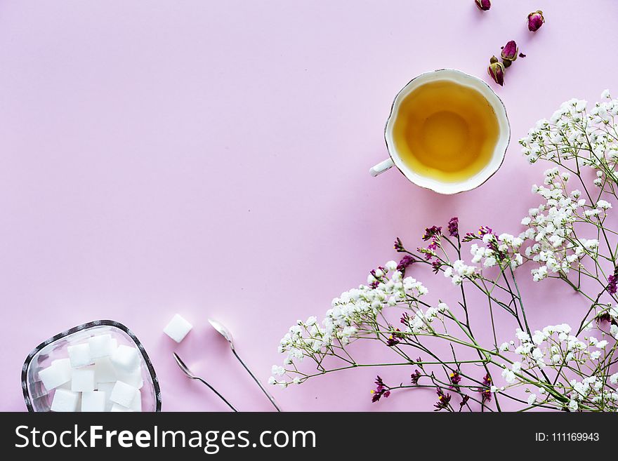 White and Purple Flowers With White Tea Cup Containing Yellow Liquid