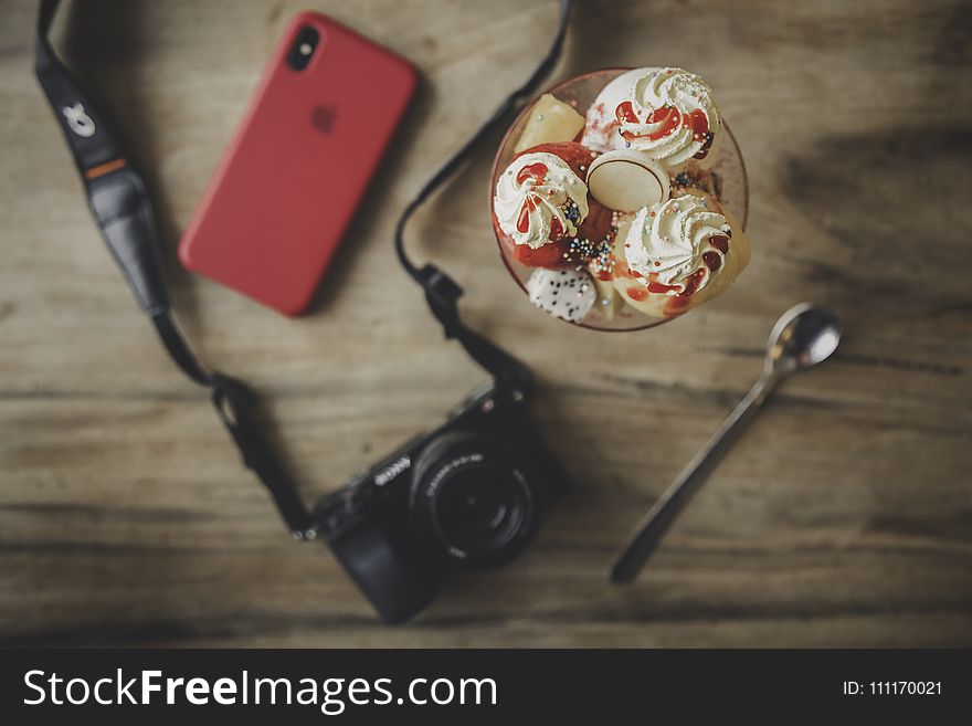 Black Dslr Camera, Teaspoon, Ice Cream and Iphone X