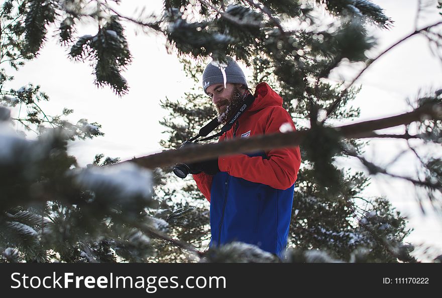 Man in Red and Blue Jacket Near Trees