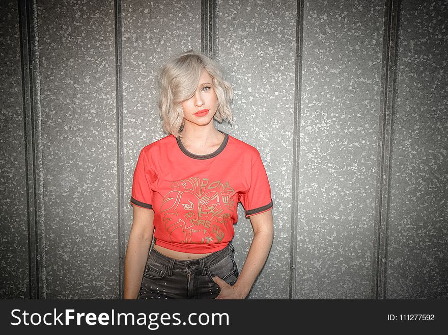 Woman Wearing Red and Gray Crew-neck T-shirt