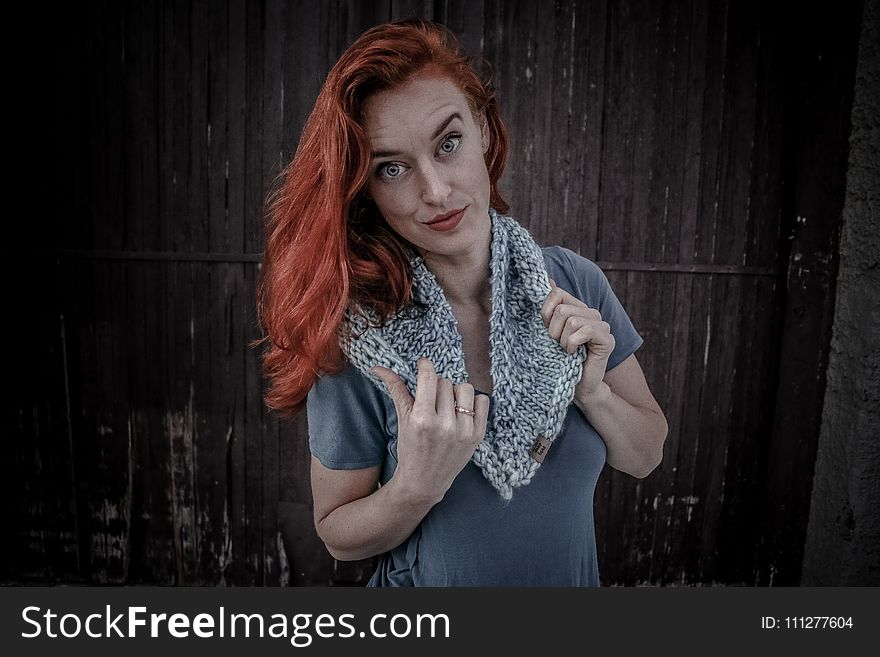 Woman Wearing White And Gray Scarf