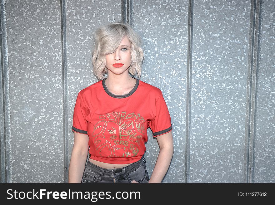 Woman Wearing a Red Crew-neck Shirt