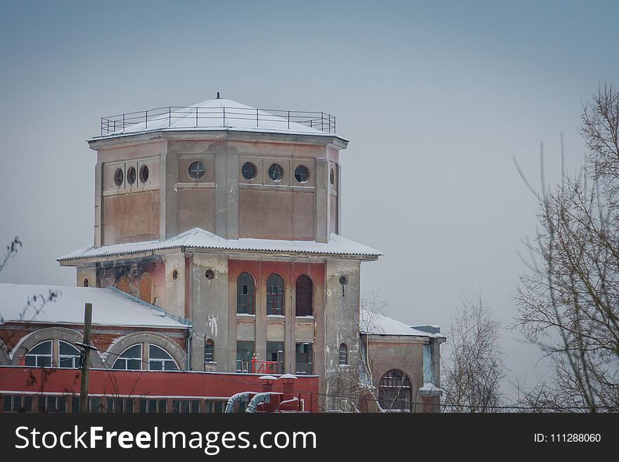 Vintage style red brick building, old factory, winter time landscape. Vintage style red brick building, old factory, winter time landscape.