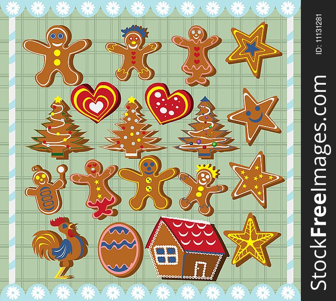 Collection of different ginger bread cookies, vector illustration