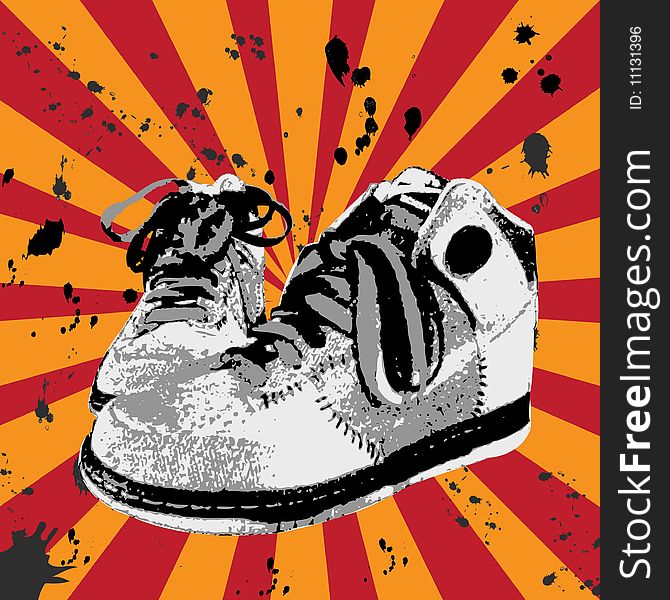 Vector illustration of an old shoes in grunge style, with rays as background. Vector illustration of an old shoes in grunge style, with rays as background.