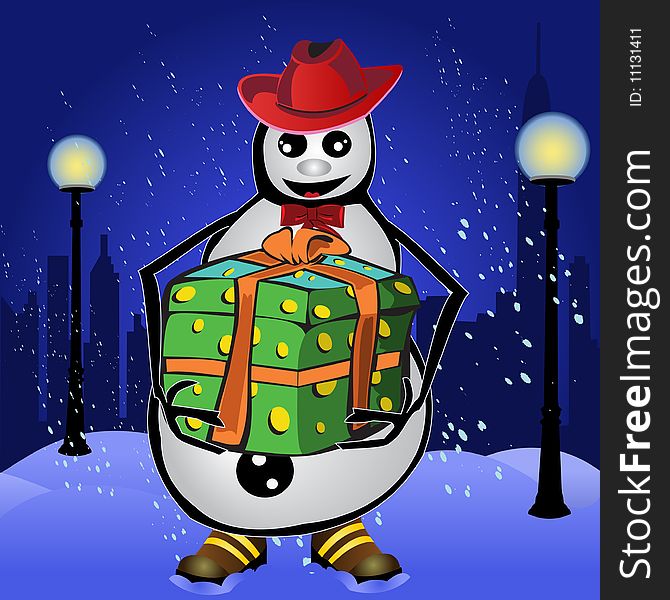 Vector illustration of a snowman with a present for you.