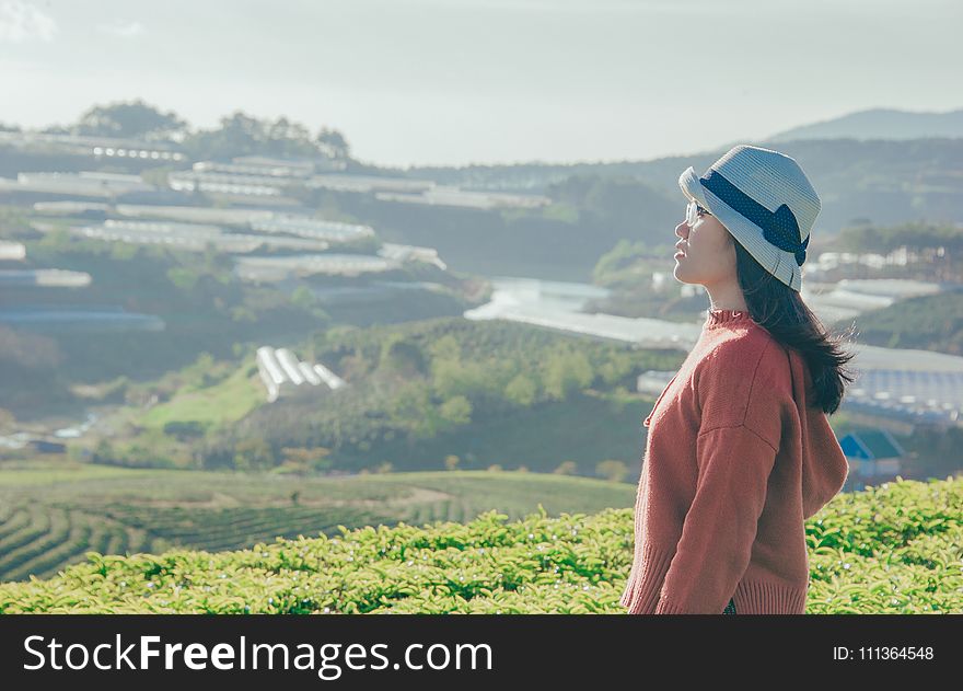 Woman in Red Sweater With Gray Hat Beside Green Field