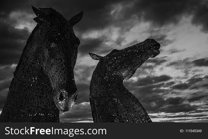 Grayscale Photography of Two Horse Statues