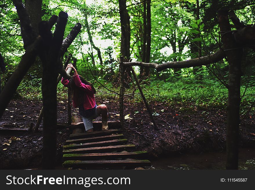 Girl in Pink Jacket on Wooden Bridge in the Forest